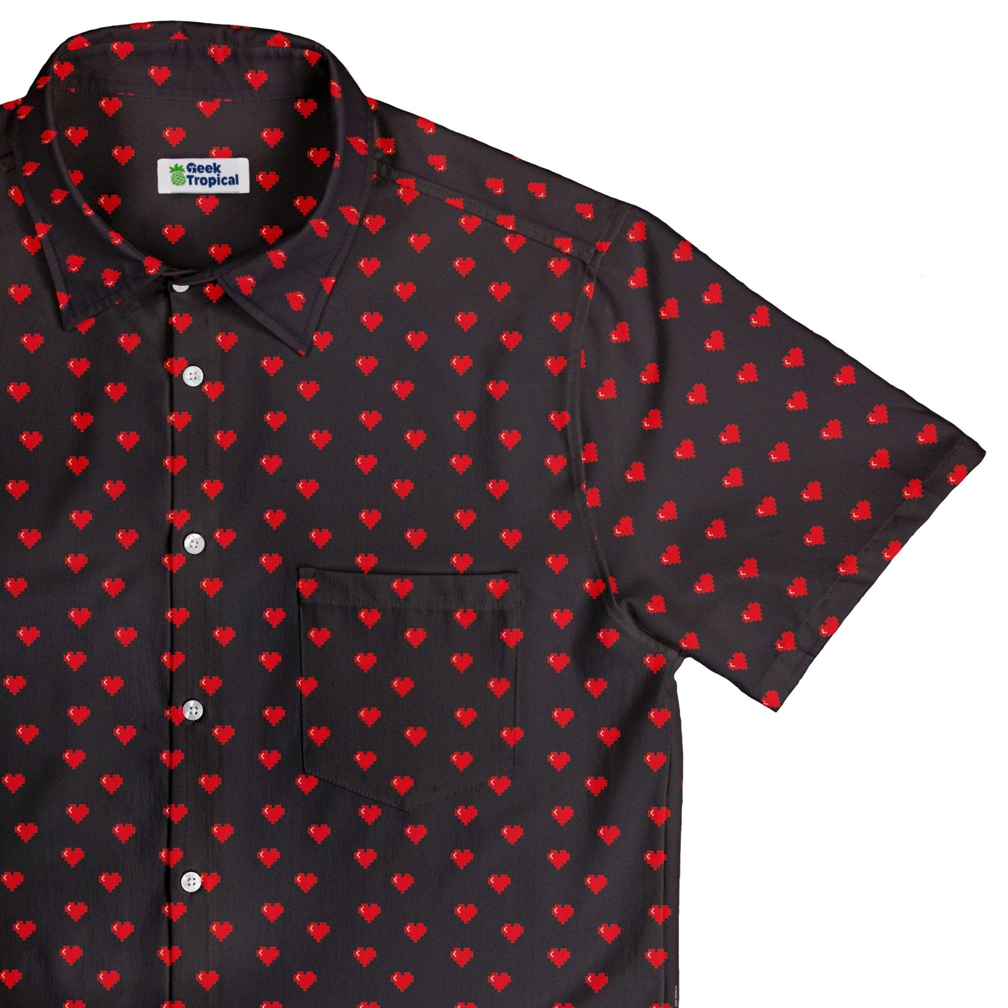 Video Game Hearts Black Button Up Shirt - adult sizing - Design by Heather Davenport - Simple Patterns