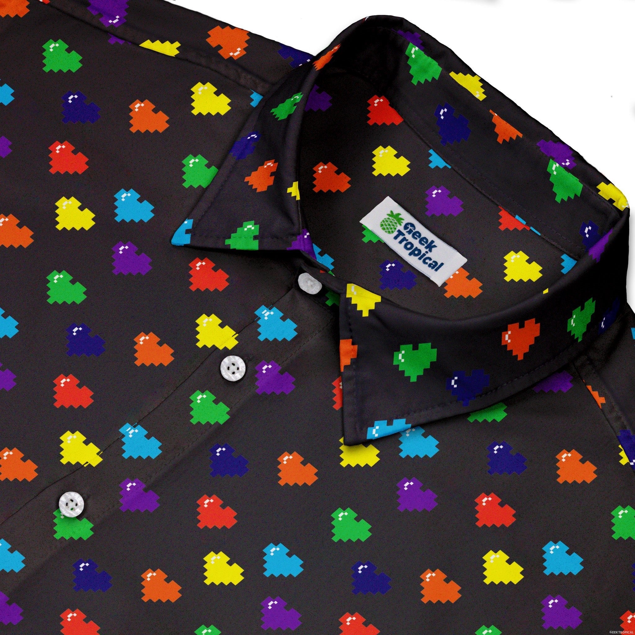 Video Game LGBTQ+ Pride Hearts Button Up Shirt - adult sizing - Design by Heather Davenport - Pride Patterns