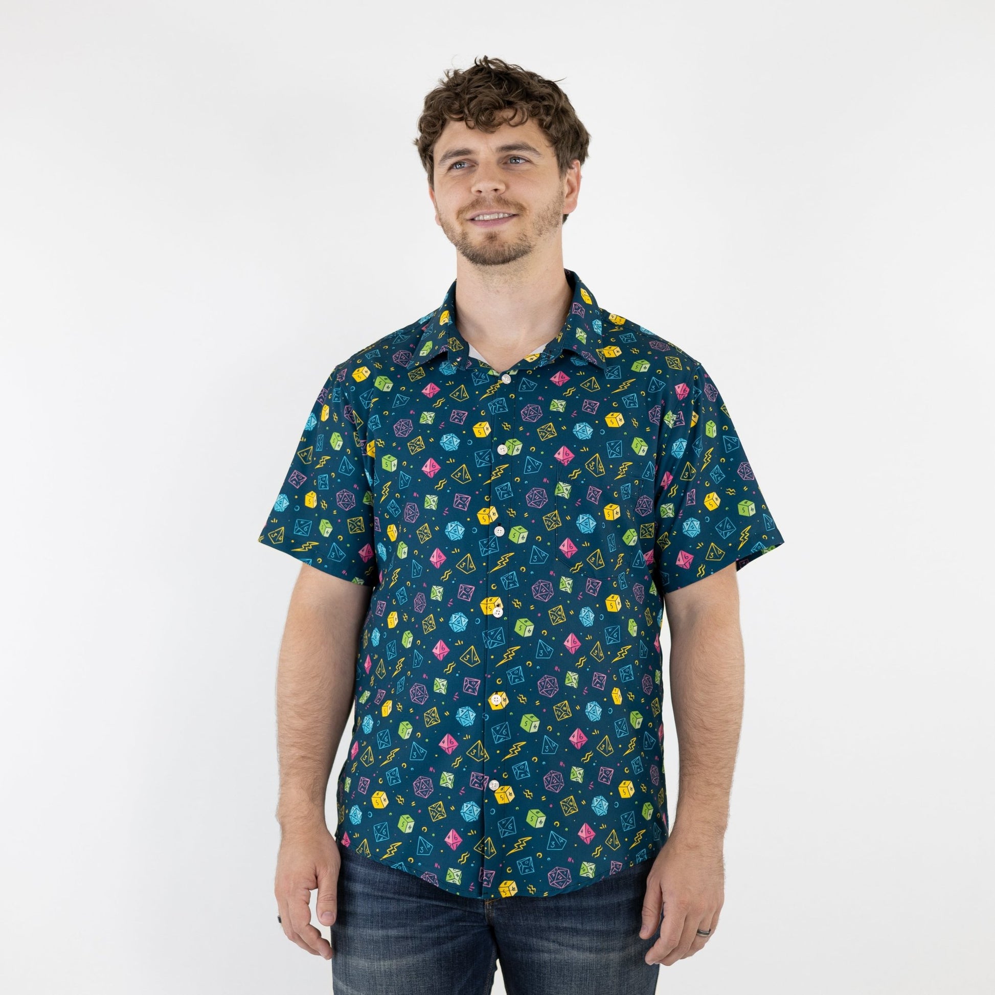 Ready-to-Ship Dnd RPG Dice Blue Button Up Shirt - adult sizing - dnd & rpg print - Maximalist Patterns