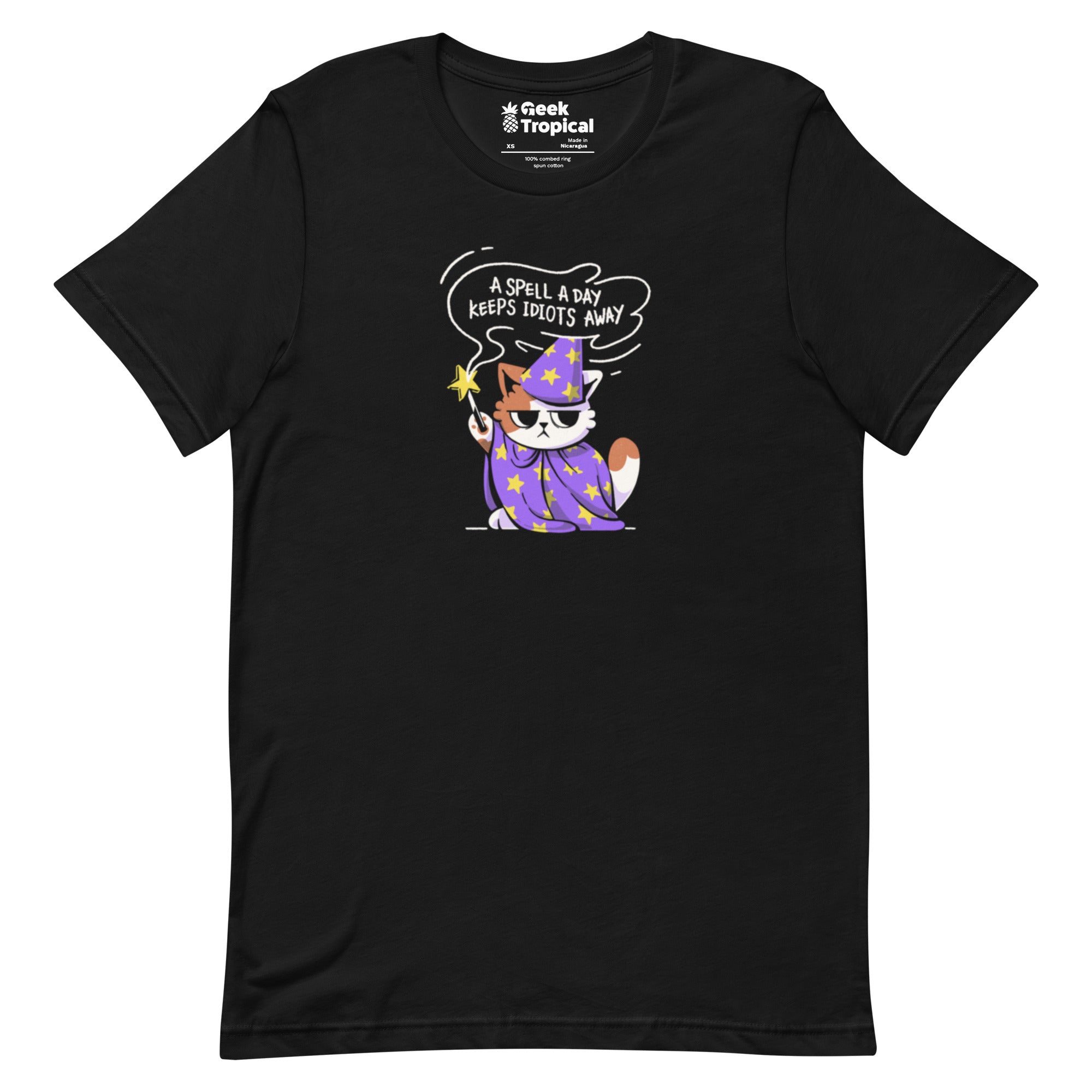 A Spell a Day Keeps Idiots Away Wizard Cat T-Shirt Geek Nerd Animal Patterns Design by Tobe Fonseca dnd & rpg print
