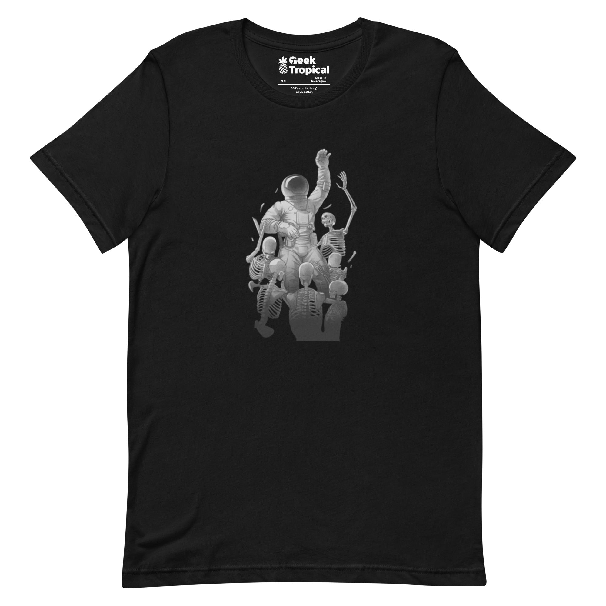 Astronaut Escaping Skeletons T-Shirt Geek Nerd Design by Tobe Fonseca Fantasy Prints FLOW DESC WRITING
