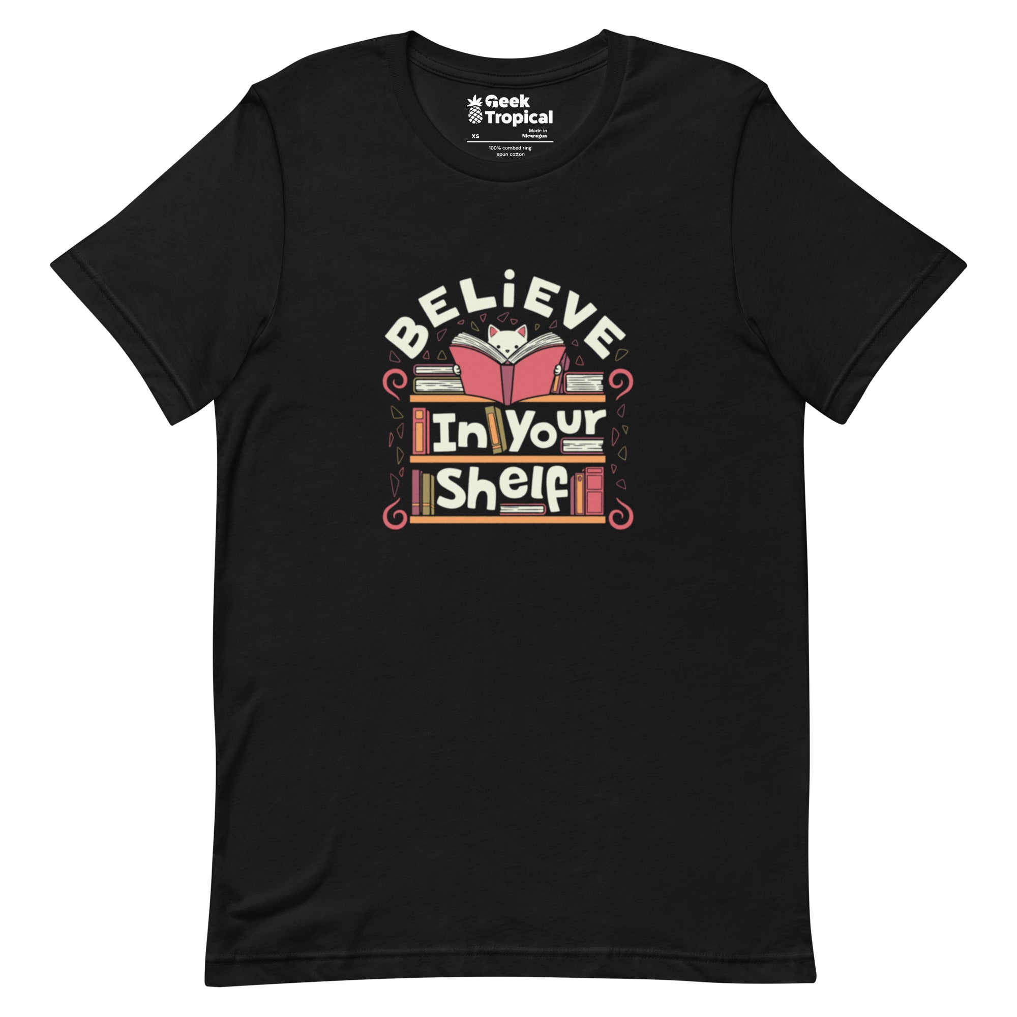 Believe in Your Shelf Cat T-Shirt Geek Nerd Animal Patterns Book Prints Design by Tobe Fonseca