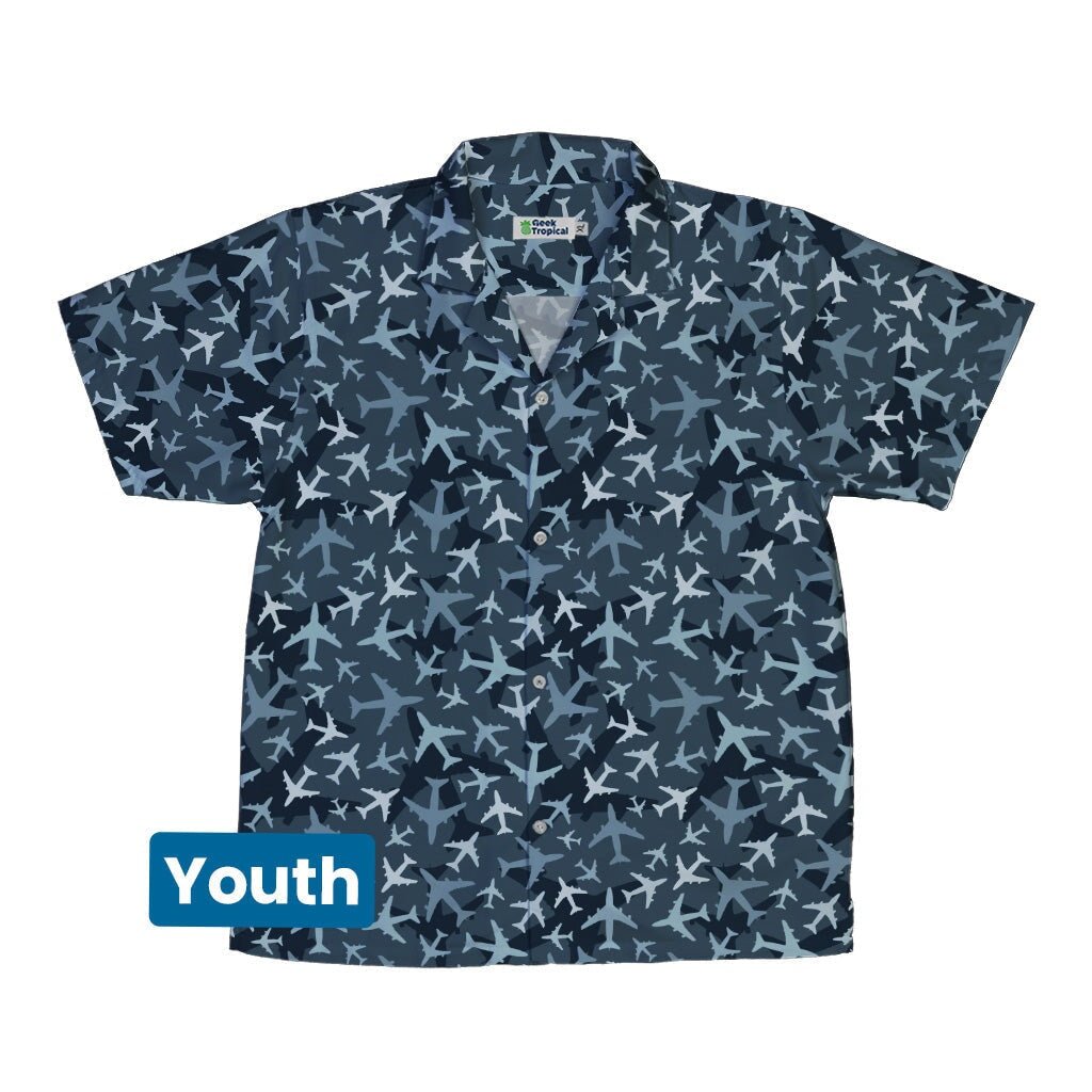 Airplanes Blue Camouflage Blue Youth Hawaiian Shirt - YXS - -