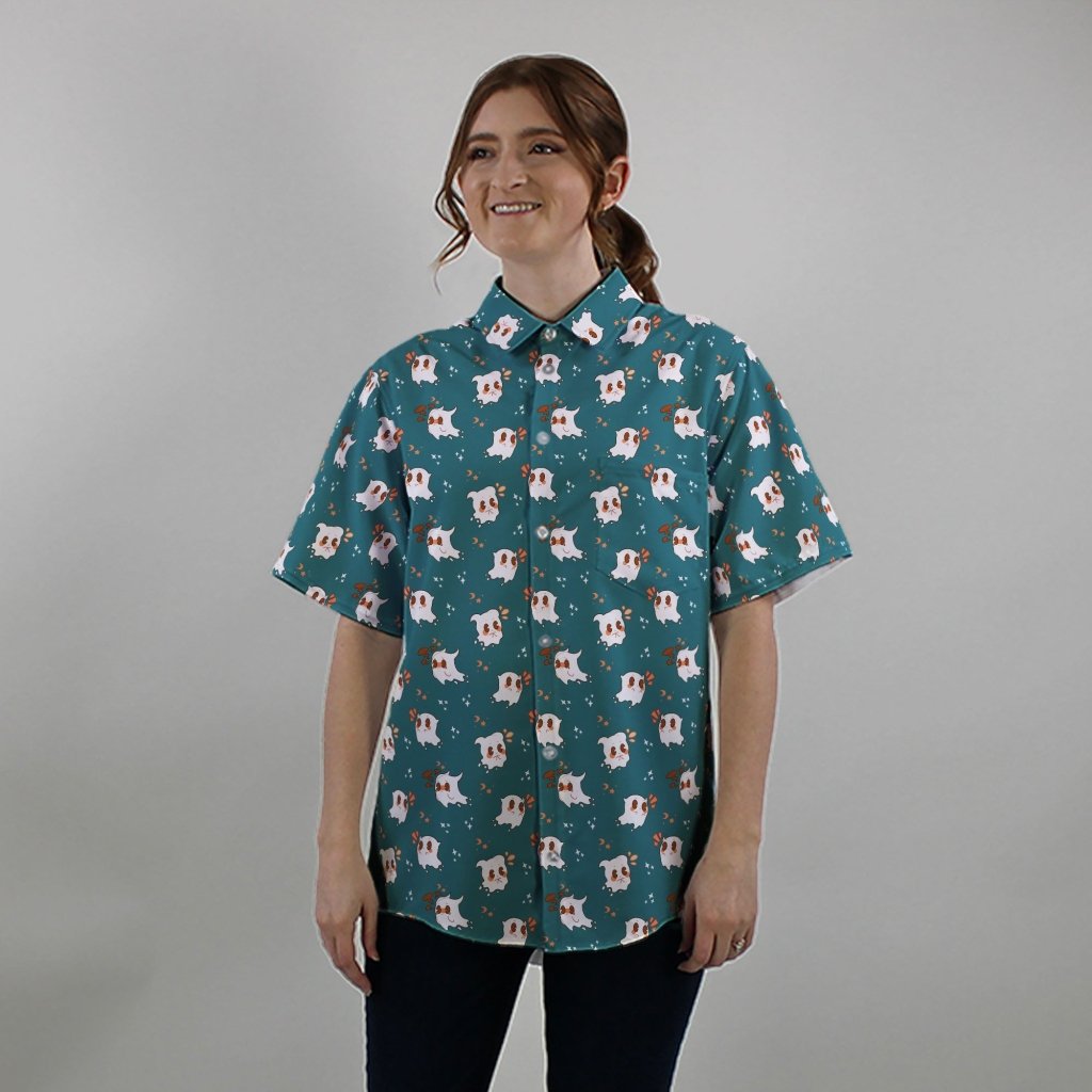 Anxious Ghost Green Button Up Shirt - S - Hawaiian Shirt - No Pocket -