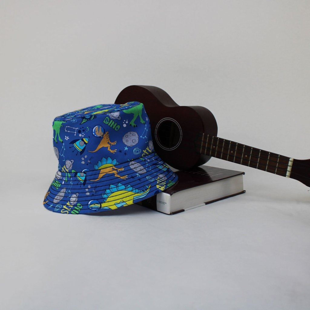 Astro Dino Dinosaur Outer Space Blue Bucket Hat - M - Black Stitching - -