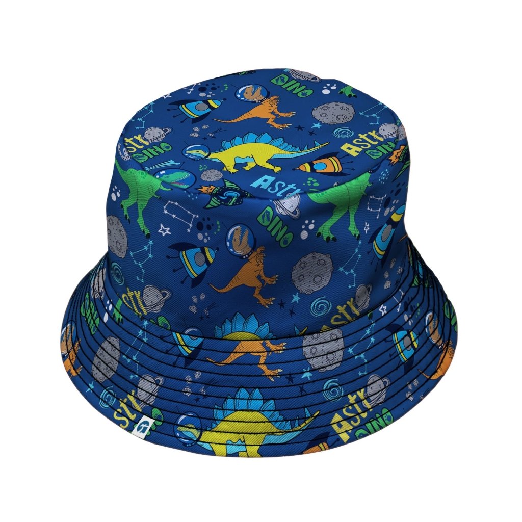 Astro Dino Dinosaur Outer Space Blue Bucket Hat - M - Grey Stitching - -