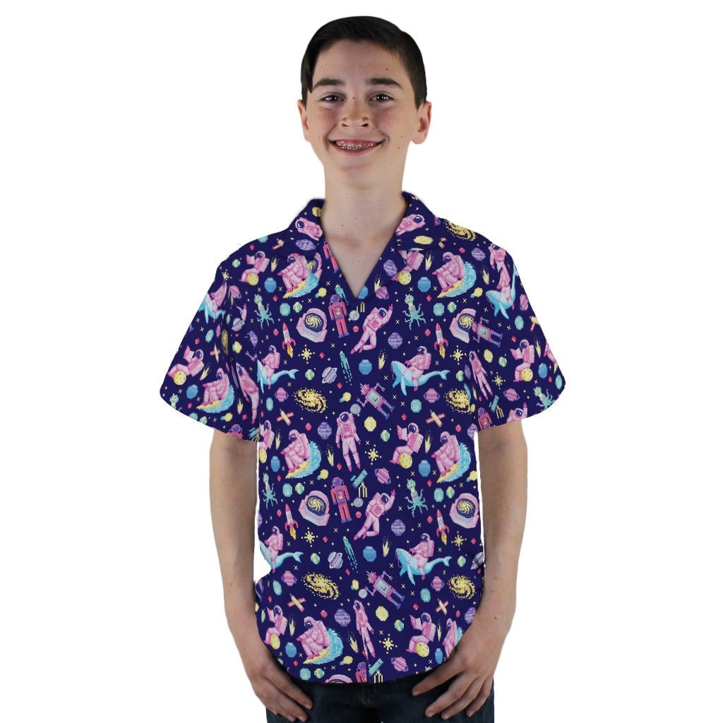 Astronaut Pixels Outer Space Purple Blue Youth Hawaiian Shirt - YL - -