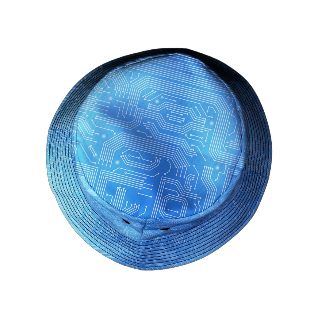 Blue Computer Circuit Board Bucket Hat - M - Grey Stitching - -