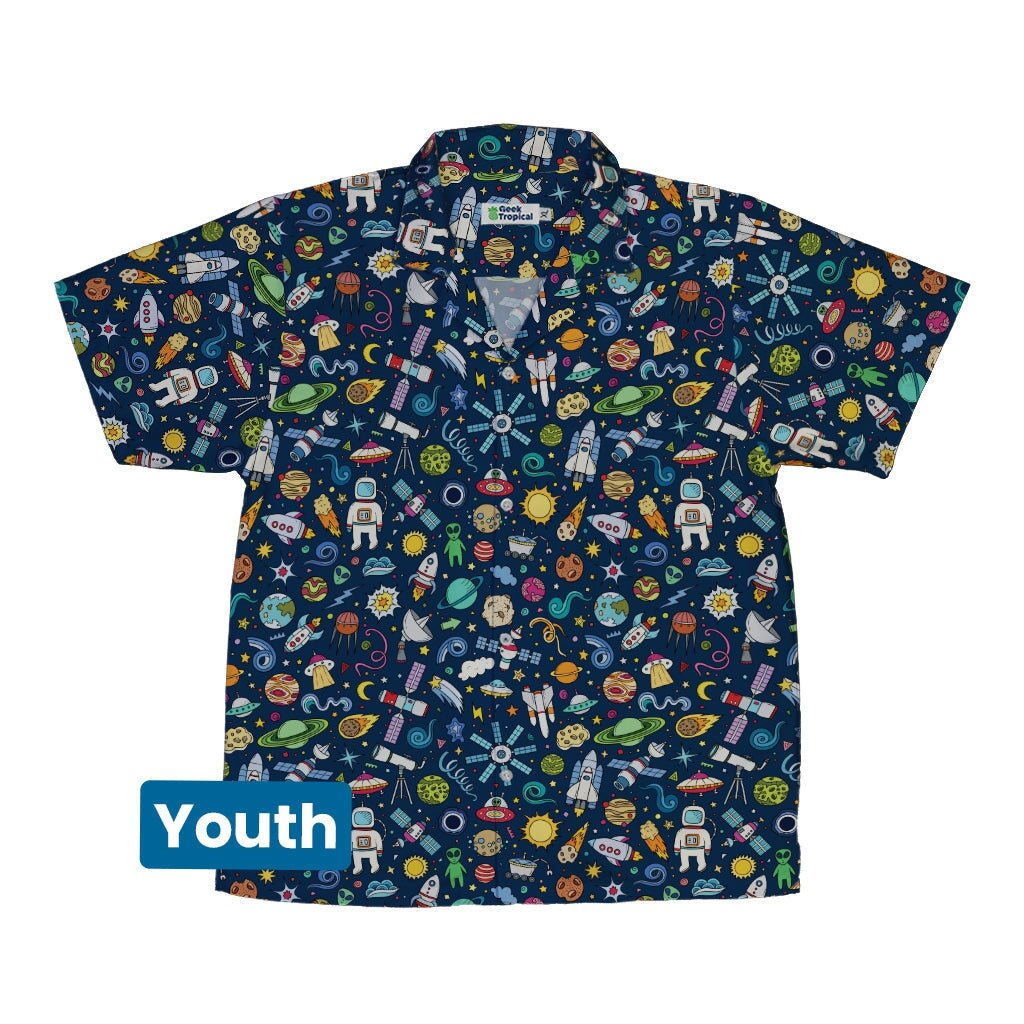 Cartoon Space Objects Outer Space Navy Youth Hawaiian Shirt - YXS - -