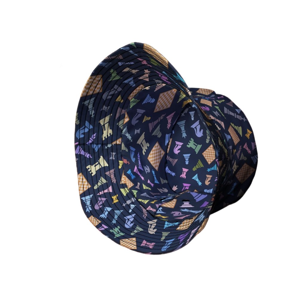 Chess Colorful Pieces Board Blue Bucket Hat - M - Black Stitching - -