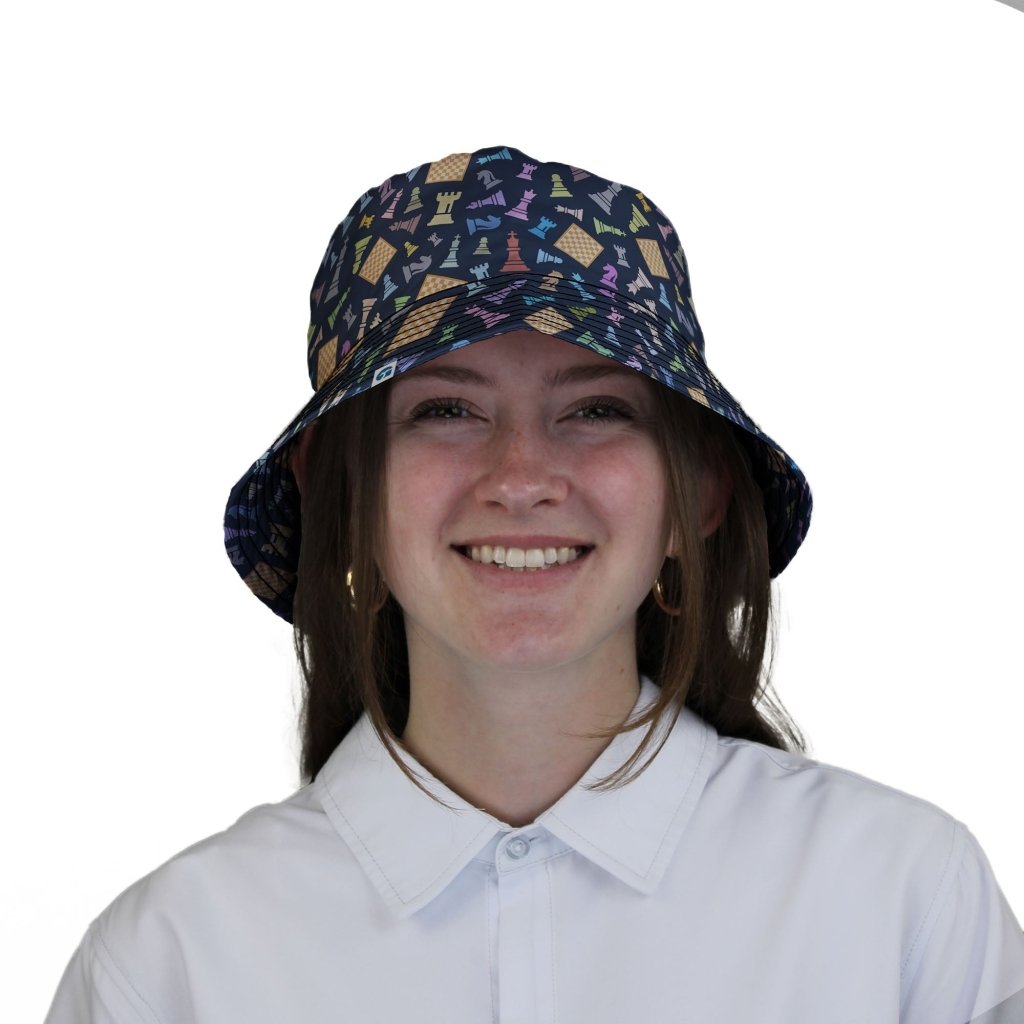 Chess Colorful Pieces Board Blue Bucket Hat - M - Black Stitching - -