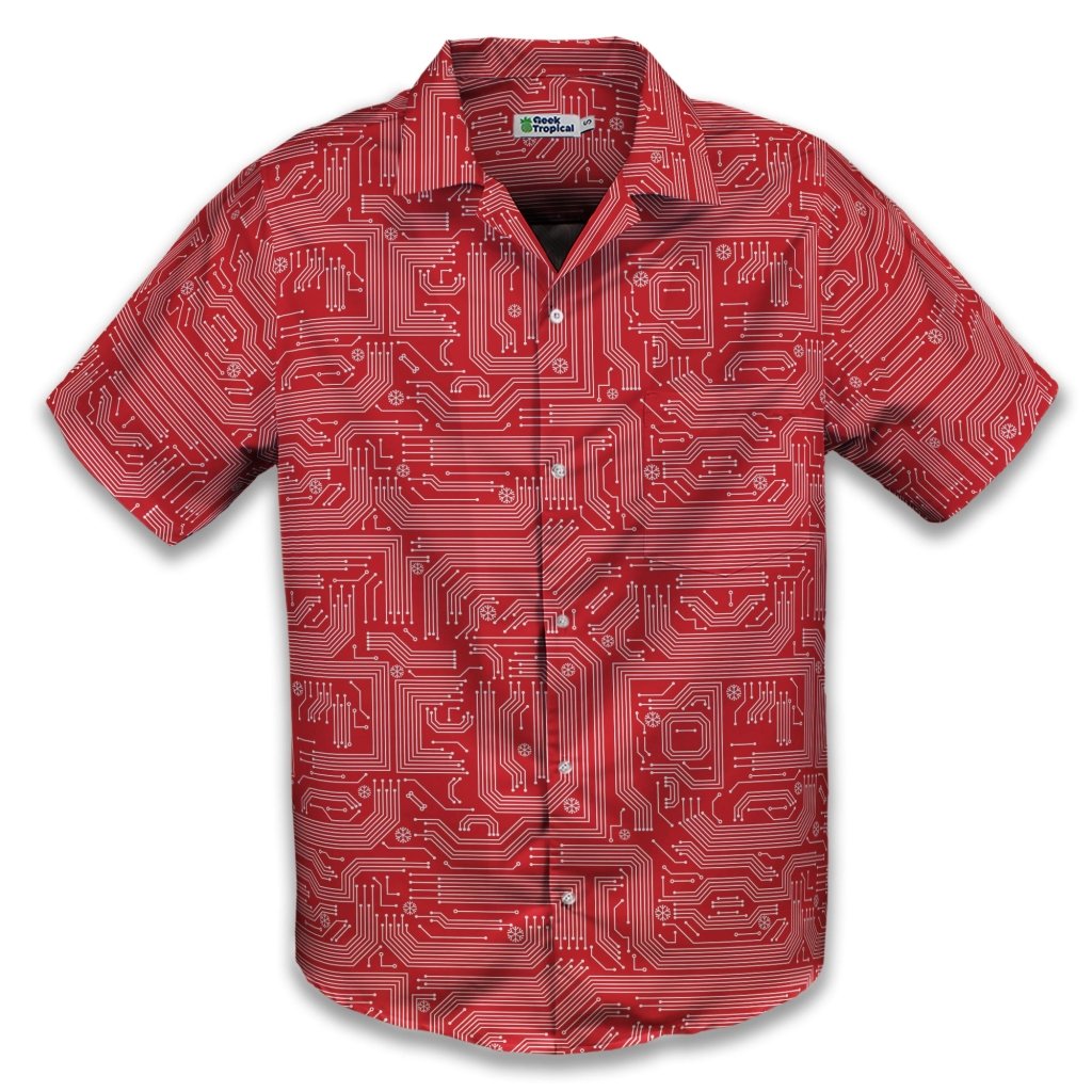 Christmas Red Computer Circuit Board Button Up Shirt - XS - Hawaiian Shirt - No Pocket -