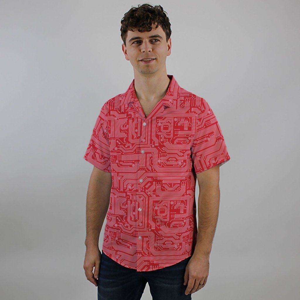 Christmas Red Computer Circuit Board Button Up Shirt - XS - Hawaiian Shirt - No Pocket -