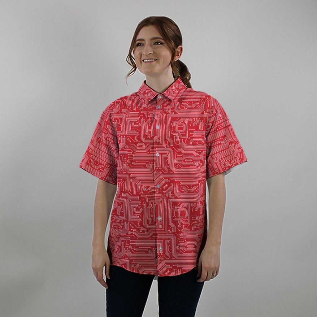 Christmas Red Computer Circuit Board Button Up Shirt - XS - Hawaiian Shirt - No Pocket -