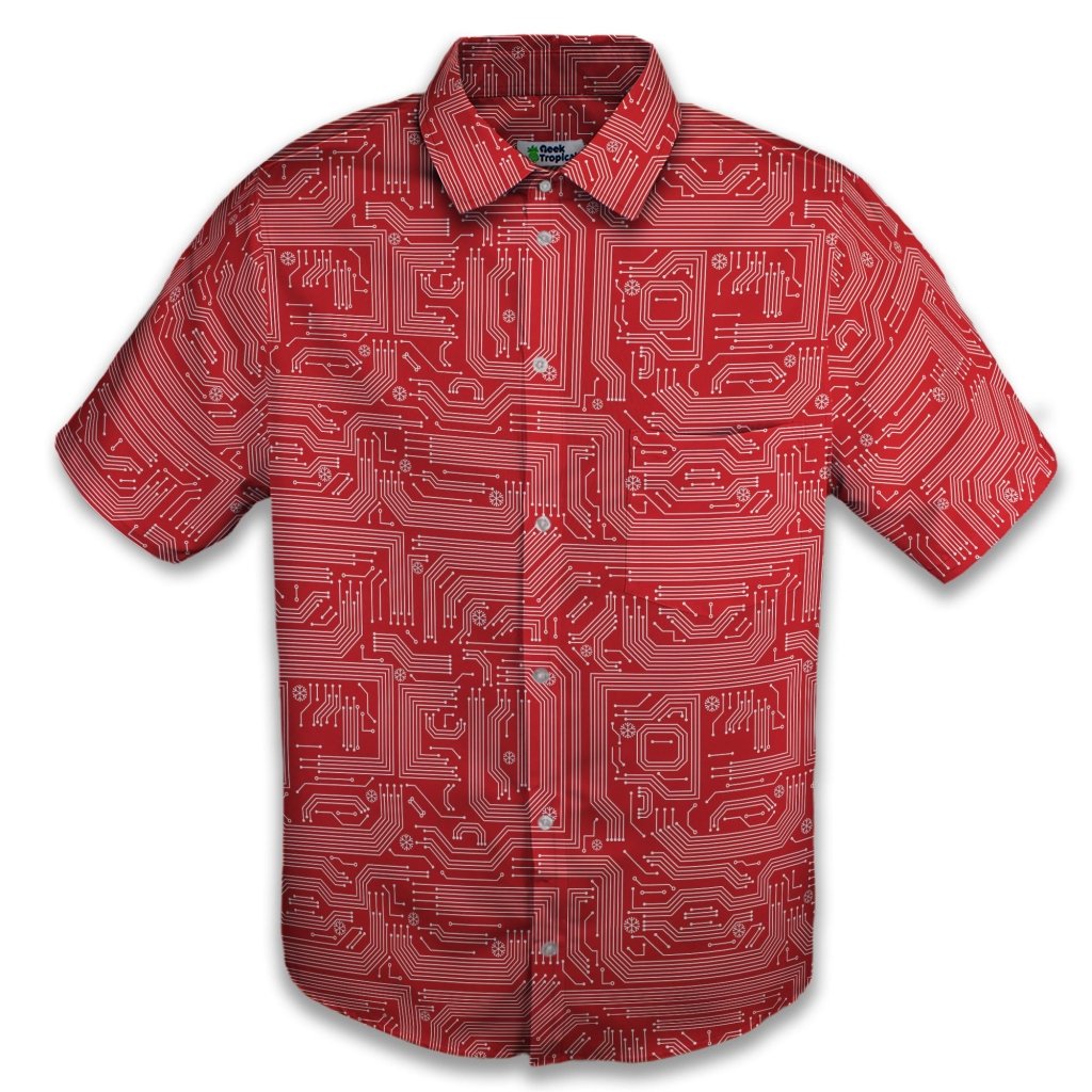 Christmas Red Computer Circuit Board Button Up Shirt - XS - Button Down Shirt - No Pocket -