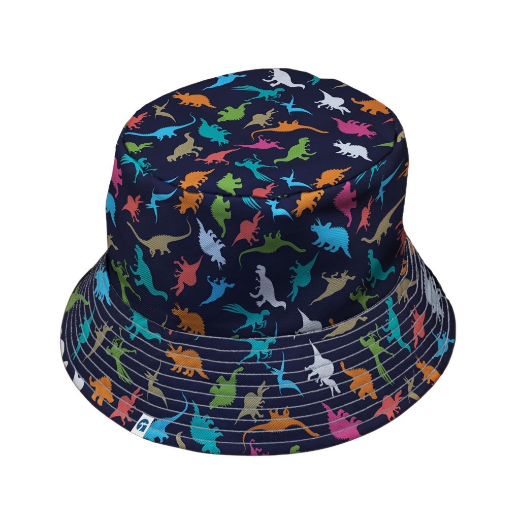 Colorful Dinosaur Silhouettes Navy Bucket Hat - M - Black Stitching - -