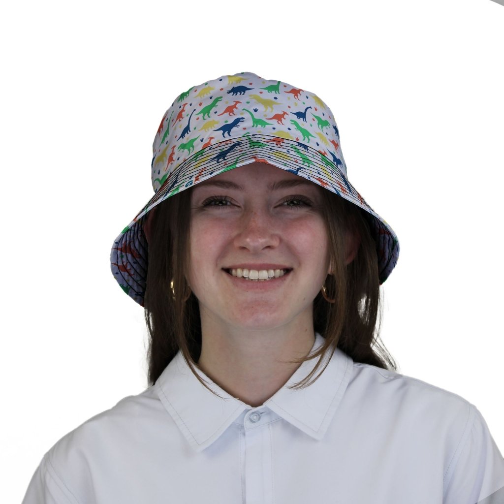 Colorful Dinosaur Silhouettes White Bucket Hat - M - Grey Stitching - -