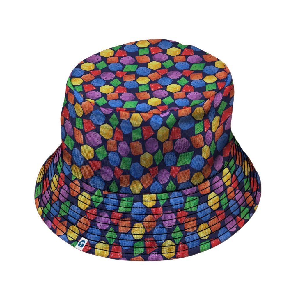 Colorful RPG Dice Pattern Blue Dnd Bucket Hat - M - Grey Stitching - -