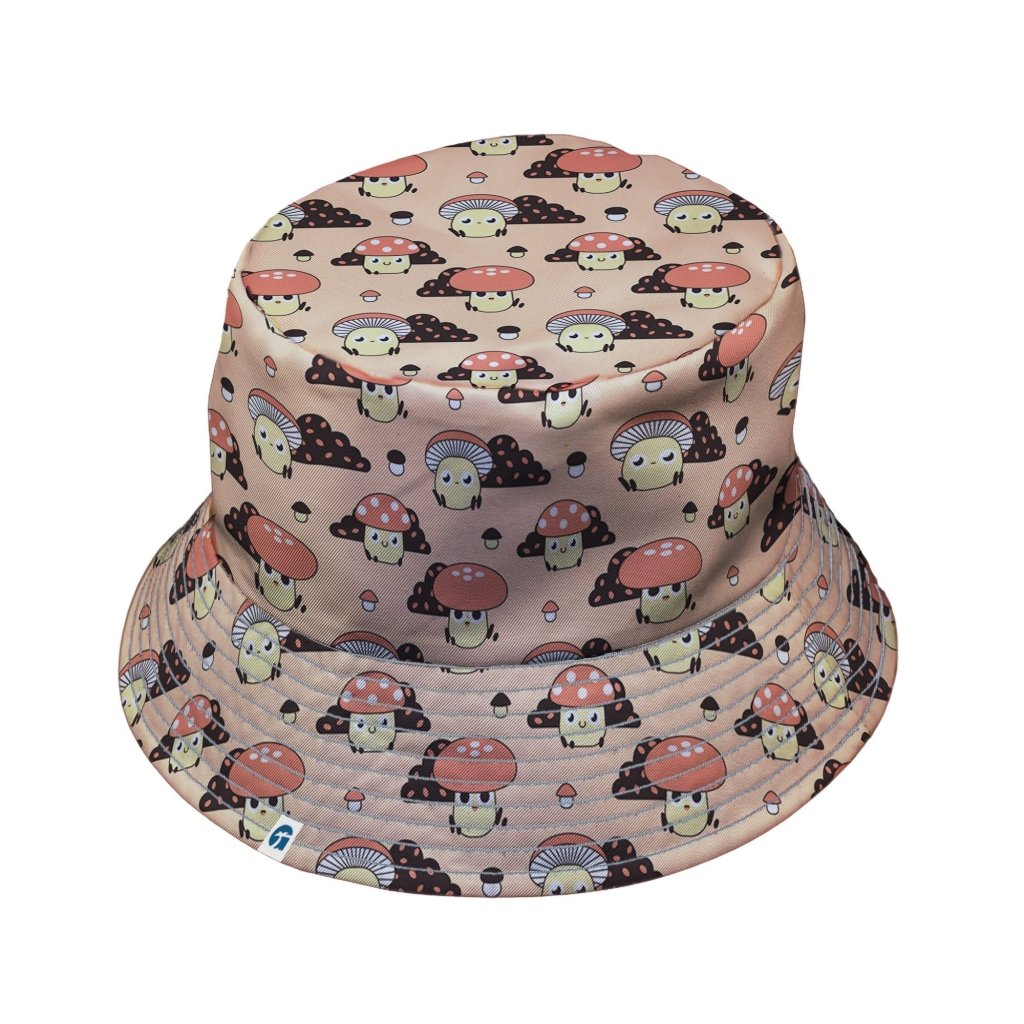 Cute Mushroom Fungi and Slime Orange Pink Video Game Bucket Hat - M - Black Stitching - -