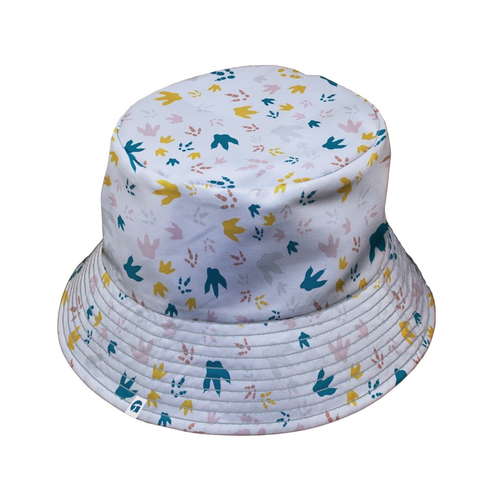 Dinosaur Footprint Tracks White Bucket Hat - M - Black Stitching - -