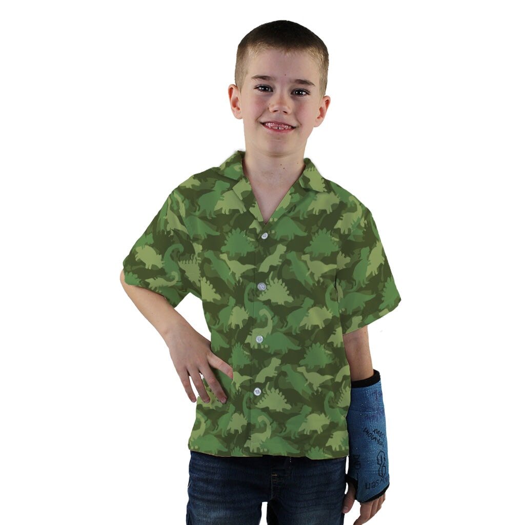 Dinosaur Khaki Army Dinosaur Green Youth Hawaiian Shirt - YXS - -