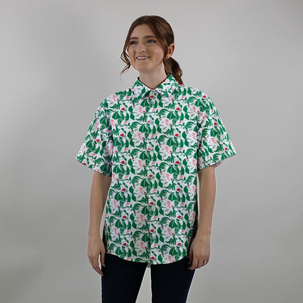 DND Santa Hat Dragons Button Up Shirt - XS - Hawaiian Shirt - No Pocket -