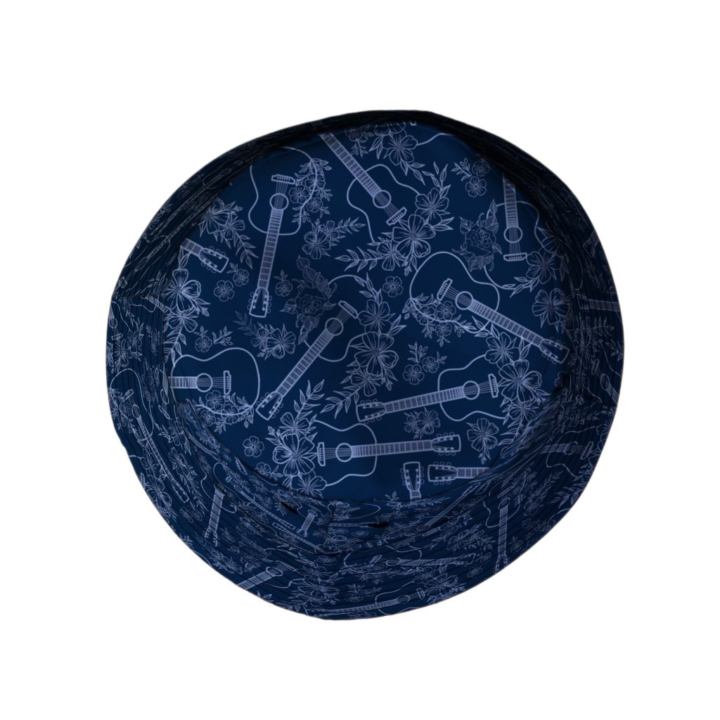 Guitar Blossoms Blue Bucket Hat - M - Grey Stitching - -