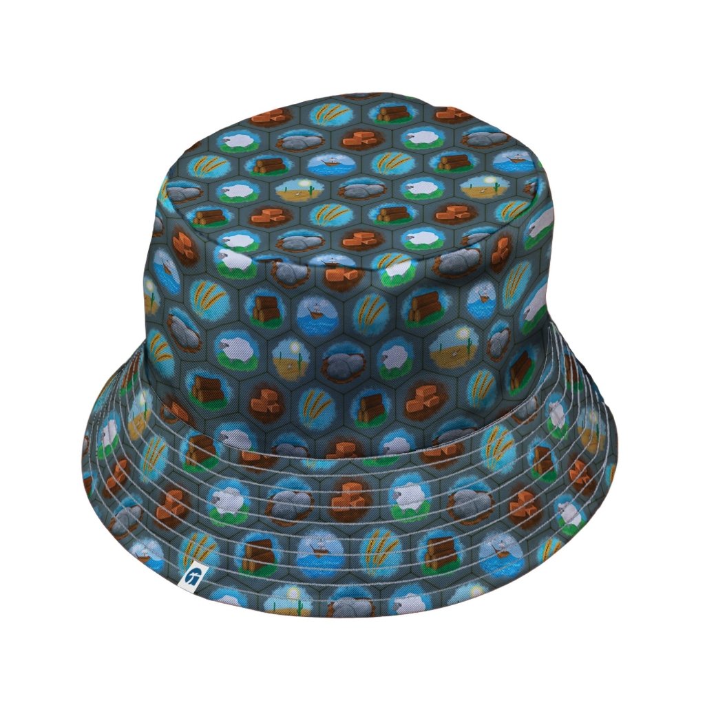 Hexagon Tile Game Symbols Bucket Hat - M - Black Stitching - -