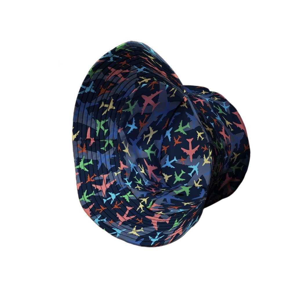 Multi Colored Airplanes on Blue Bucket Hat - M - Black Stitching - -