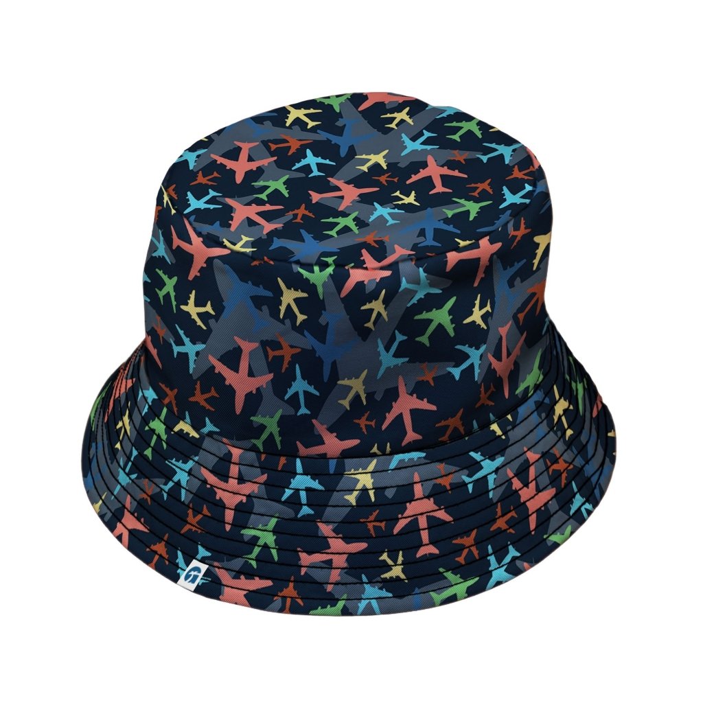 Multi Colored Airplanes on Blue Bucket Hat - M - Grey Stitching - -