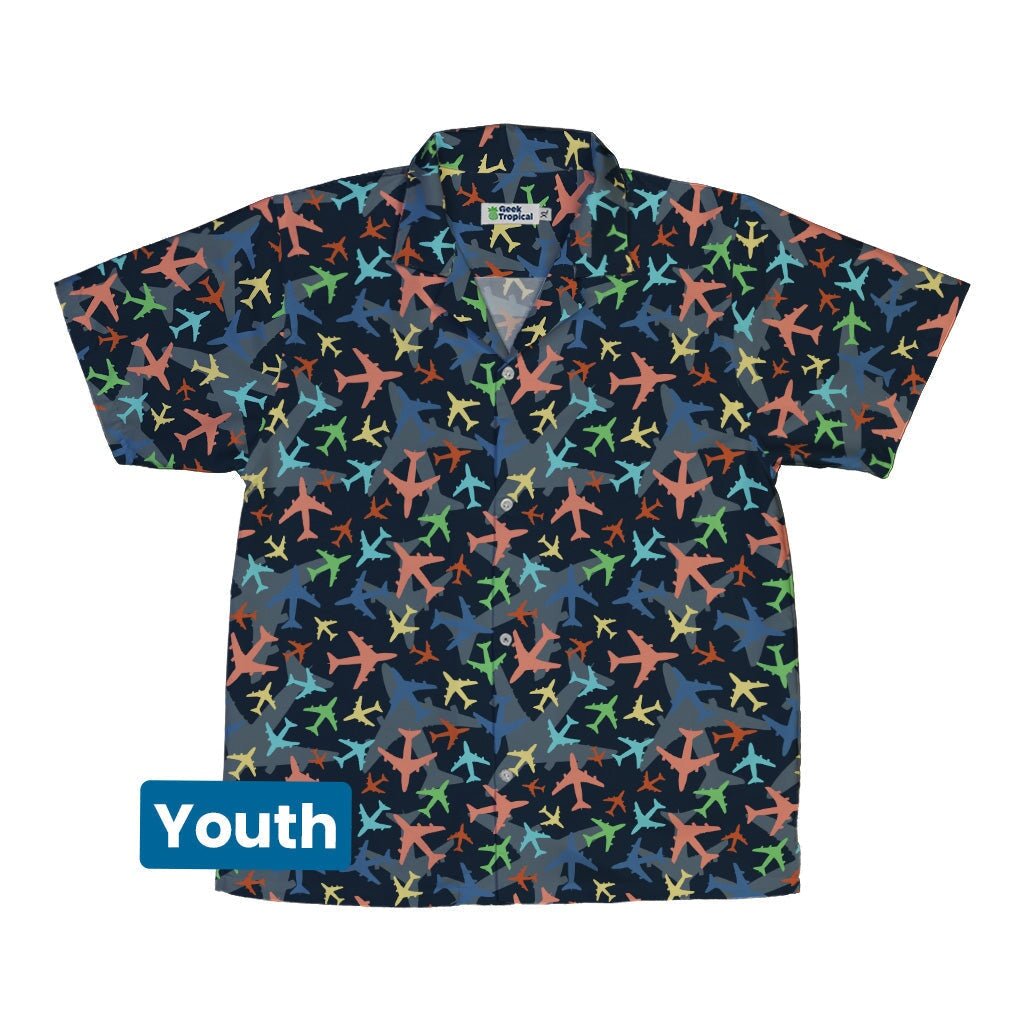 Multi Colored Airplanes on Blue Youth Hawaiian Shirt - YXS - -
