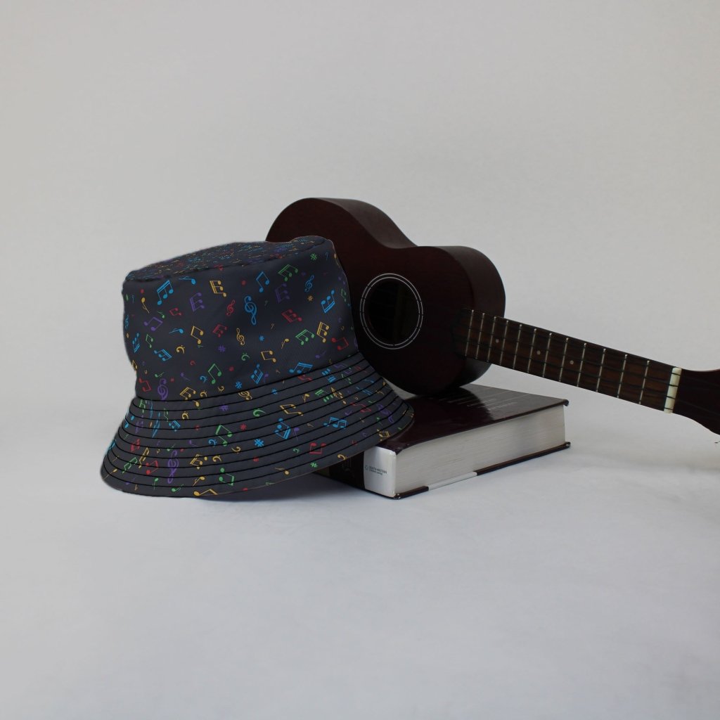 Musical Rainbow Notes Black Bucket Hat - M - Black Stitching - -