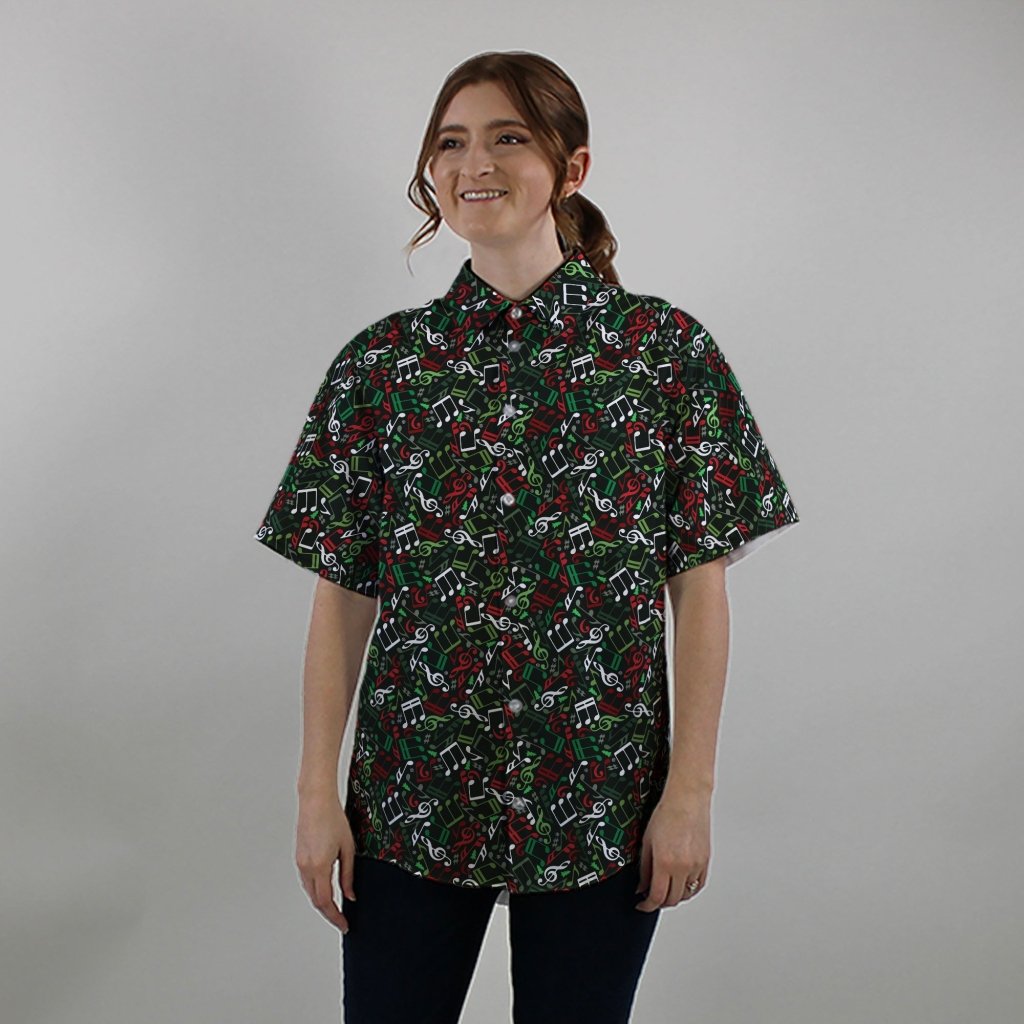 O Christmas Tree Music Notes Button Up Shirt - XS - Hawaiian Shirt - No Pocket -
