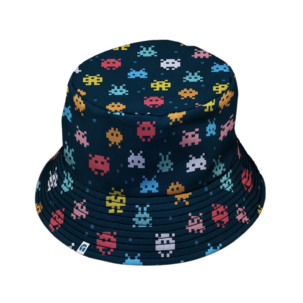 Pixel Monsters Teal Video Game Bucket Hat - M - Grey Stitching - -