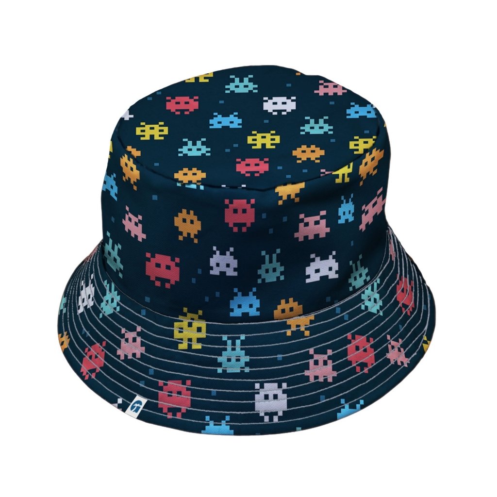 Pixel Monsters Teal Video Game Bucket Hat - M - Black Stitching - -