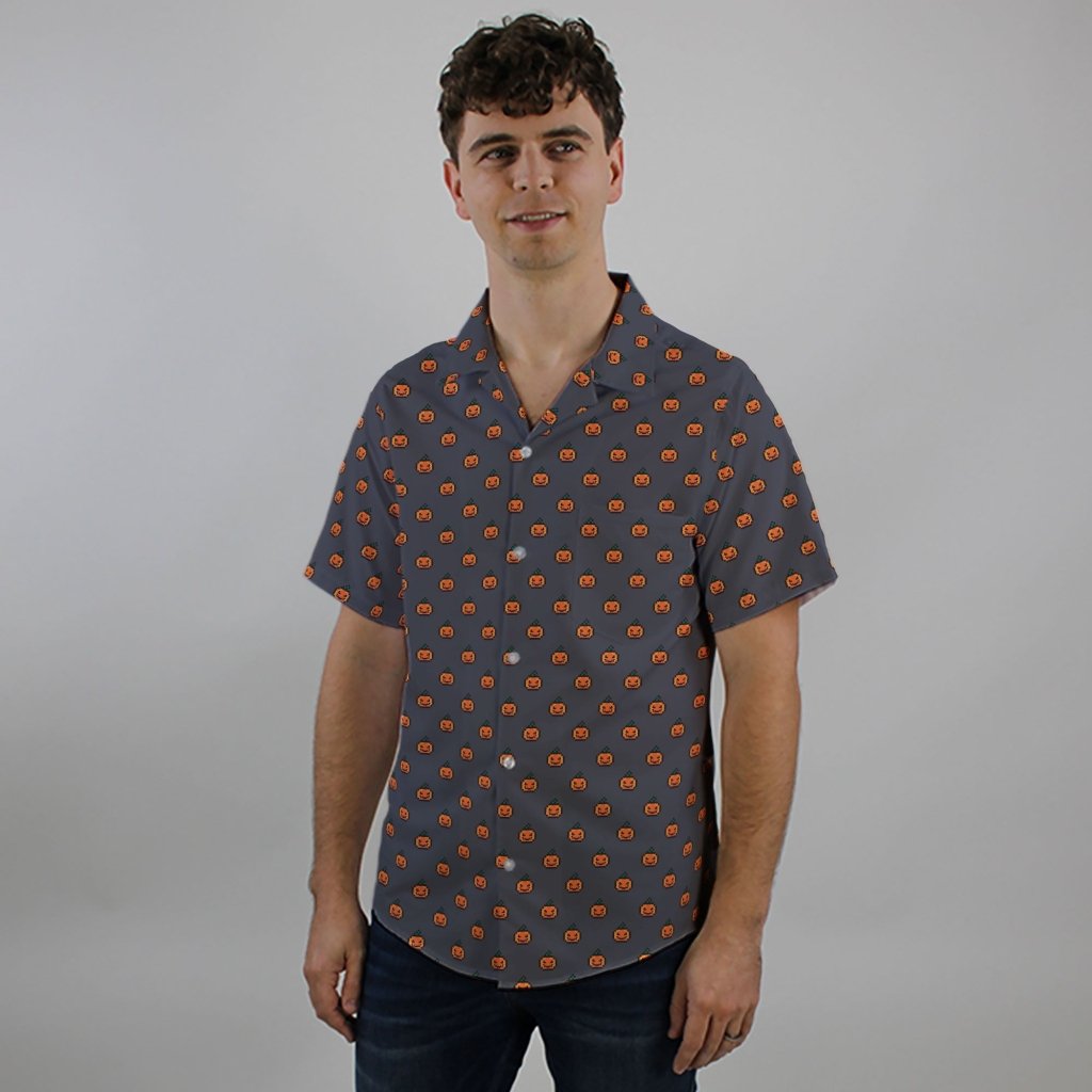 Pixel Pumpkins Button Up Shirt - S - Hawaiian Shirt - No Pocket -