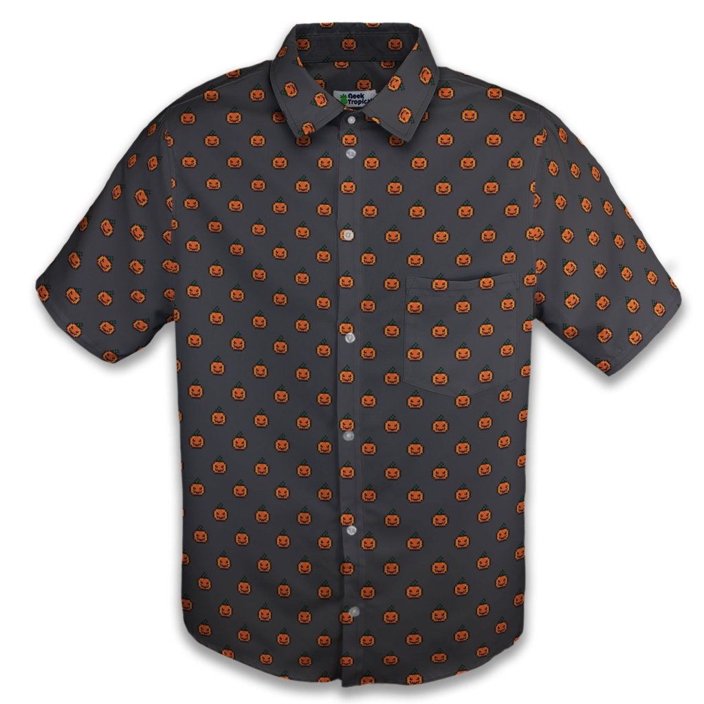 Pixel Pumpkins Button Up Shirt - S - Button Down Shirt - No Pocket -