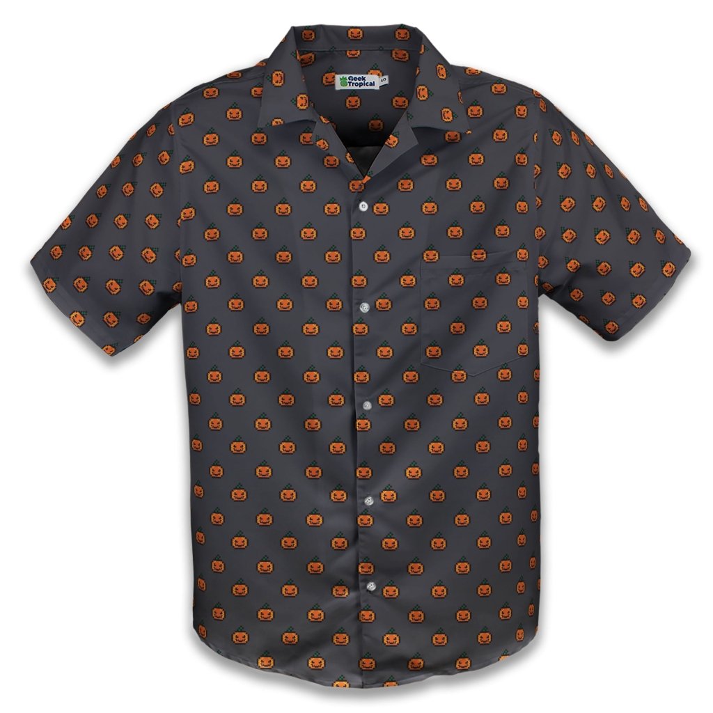 Pixel Pumpkins Button Up Shirt - S - Hawaiian Shirt - No Pocket -
