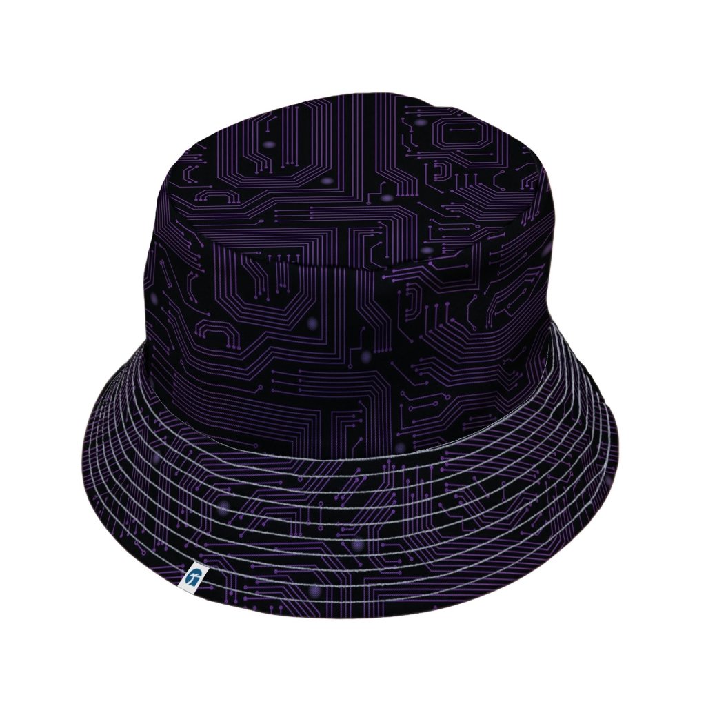 Purple Computer Circuit Board Bucket Hat - M - Black Stitching - -
