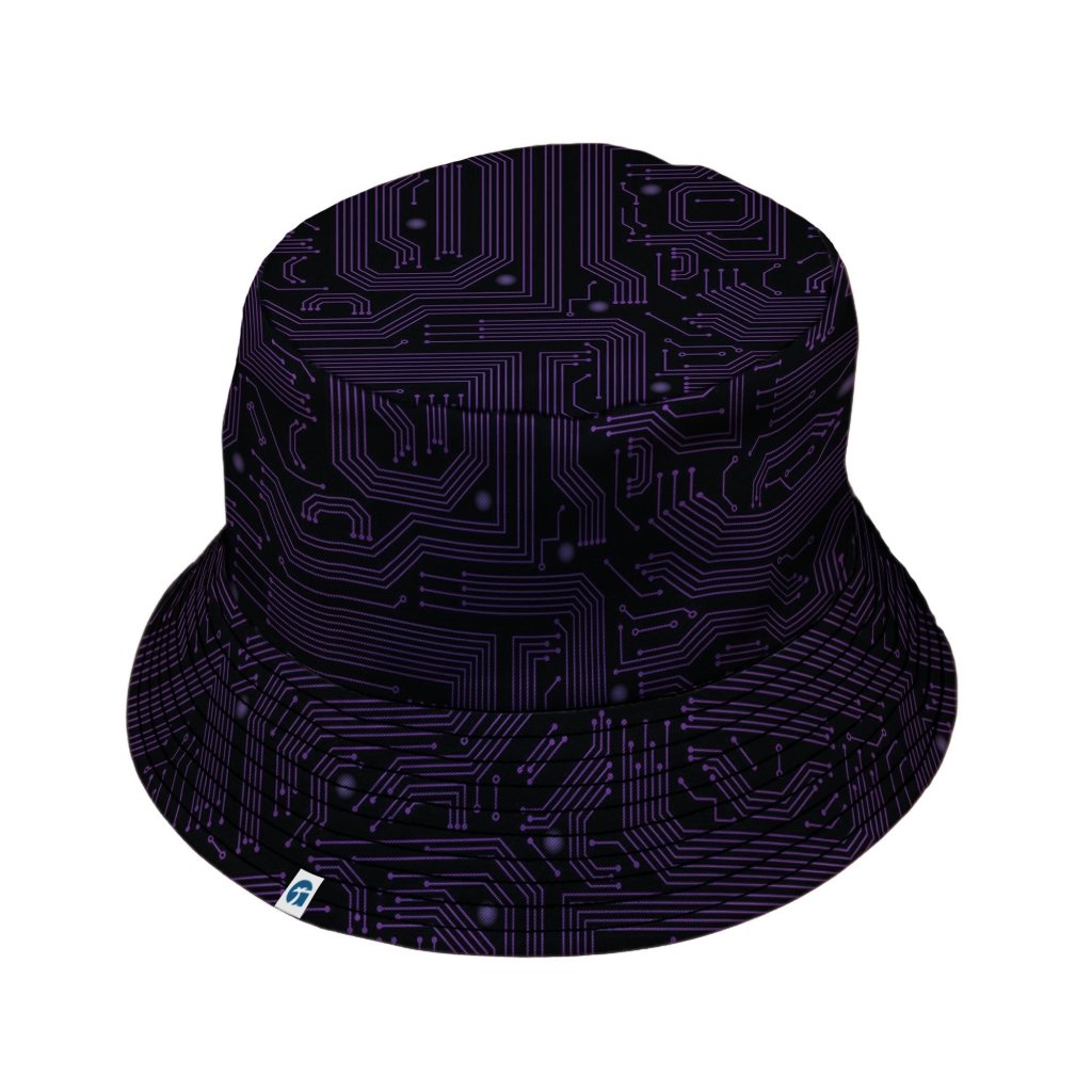 Purple Computer Circuit Board Bucket Hat - M - Grey Stitching - -