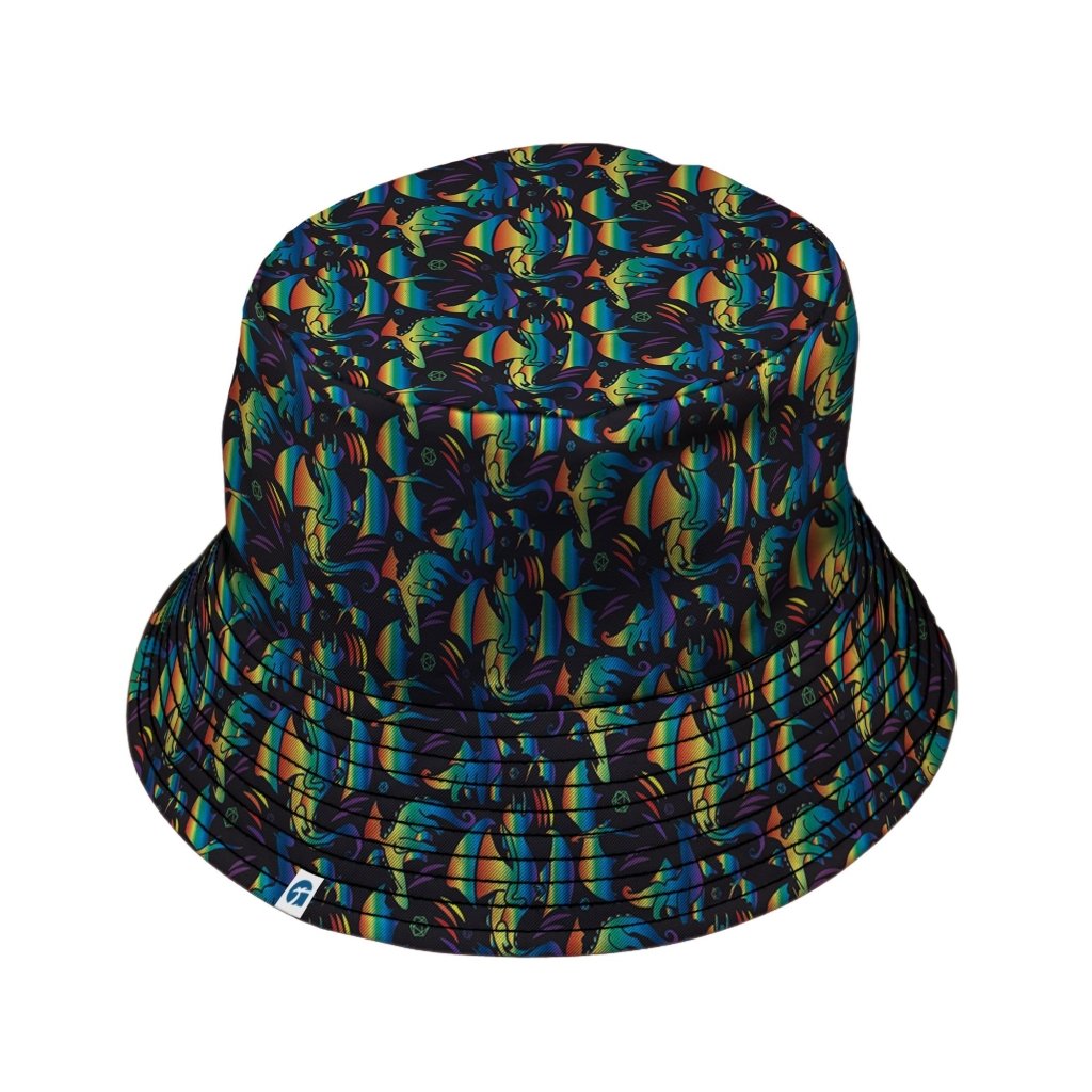 Rainbow Dragons DND Dice Black Bucket Hat - M - Grey Stitching - -