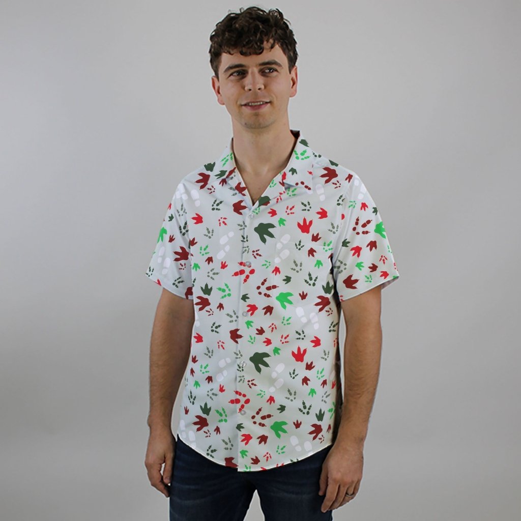 Santa Boots and Dinosaur Footprint Tracks Button Up Shirt - XS - Hawaiian Shirt - No Pocket -