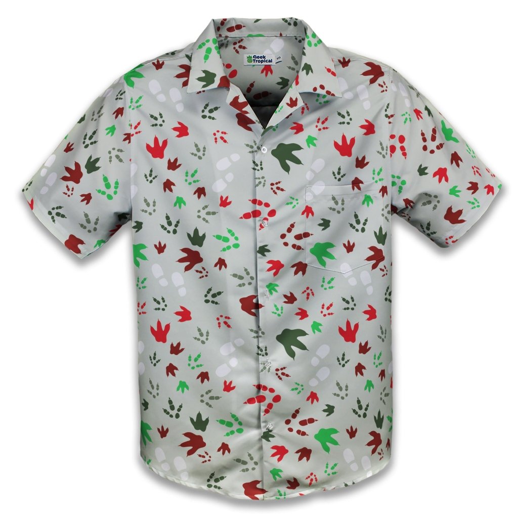 Santa Boots and Dinosaur Footprint Tracks Button Up Shirt - XS - Hawaiian Shirt - No Pocket -
