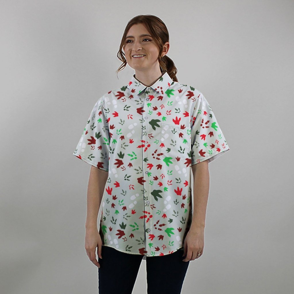 Santa Boots and Dinosaur Footprint Tracks Button Up Shirt - XS - Hawaiian Shirt - No Pocket -
