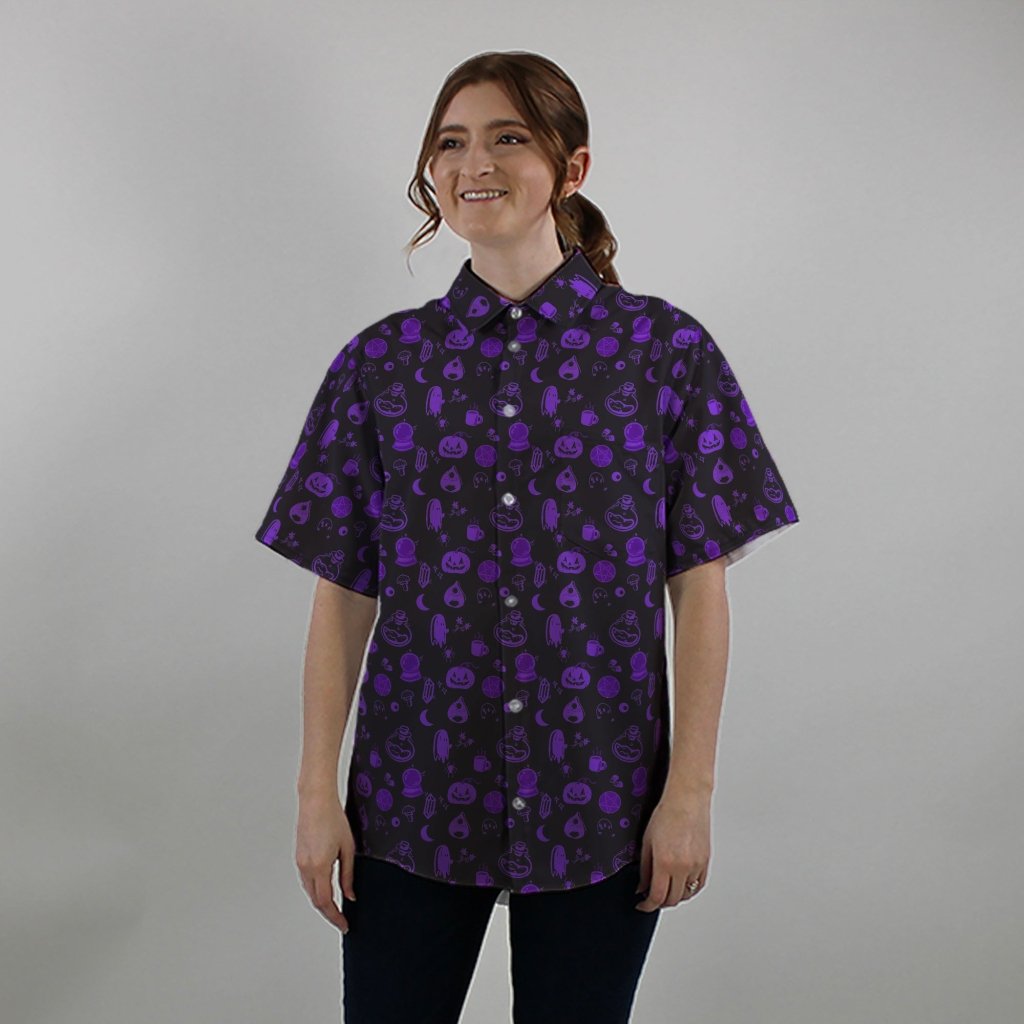 Spooky Halloween Purple Button Up Shirt - S - Hawaiian Shirt - No Pocket -