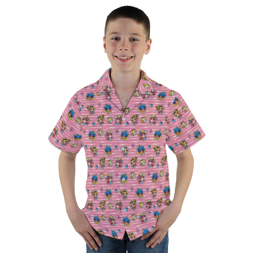 Summer Chibi Anime Stickers Strawberry Popsicle Youth Hawaiian Shirt - YM - -