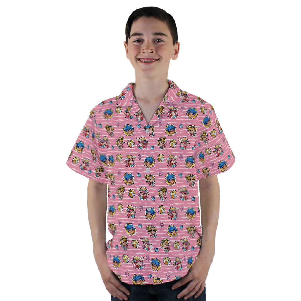 Summer Chibi Anime Stickers Strawberry Popsicle Youth Hawaiian Shirt - YL - -