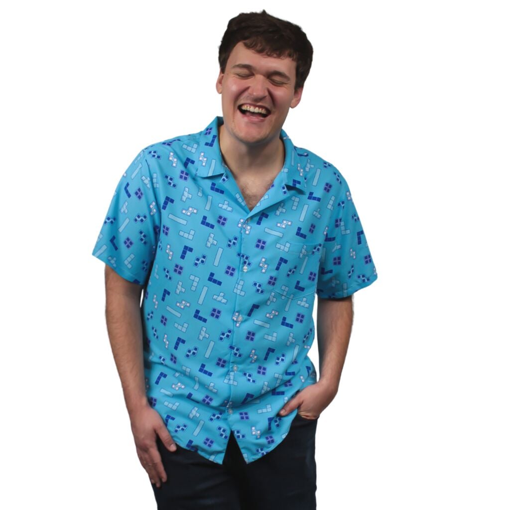 Tetris Blue Tetriminos Button Up Shirt - S - Hawaiian Shirt - No Pocket -