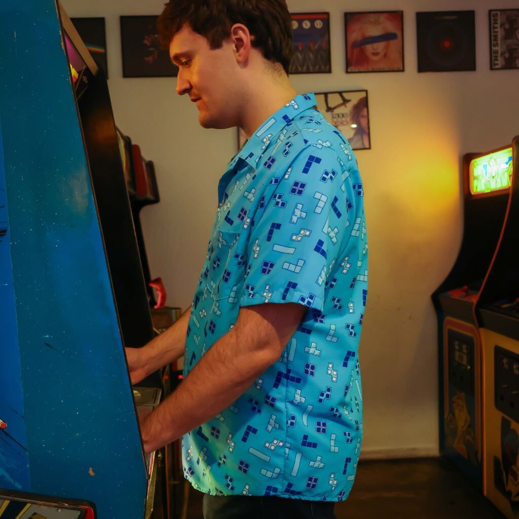 Tetris Blue Tetriminos Button Up Shirt - S - Hawaiian Shirt - No Pocket -