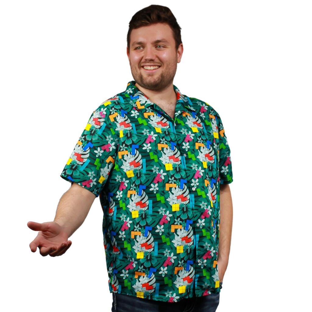Tetris Hawaiian Teal Button Up Shirt - S - Hawaiian Shirt - No Pocket -